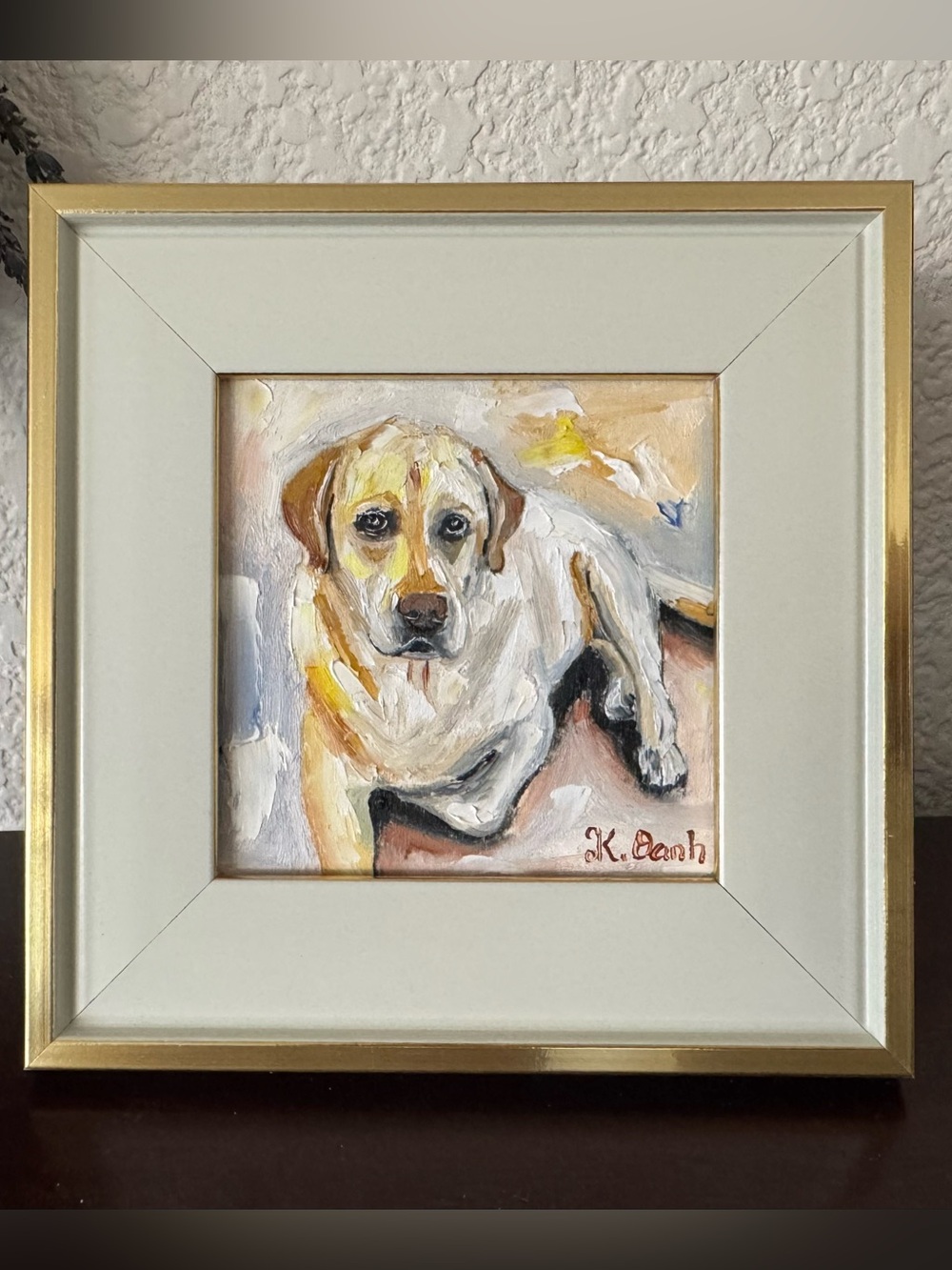 Hand painted oil painting Labrador retriever dog portrait signed framed 4x4 inch